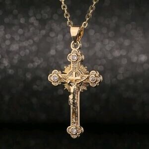 18kt Gold Plated Necklace w/ Cross Crucifix Valentine's Day Birthday Gift NEW
